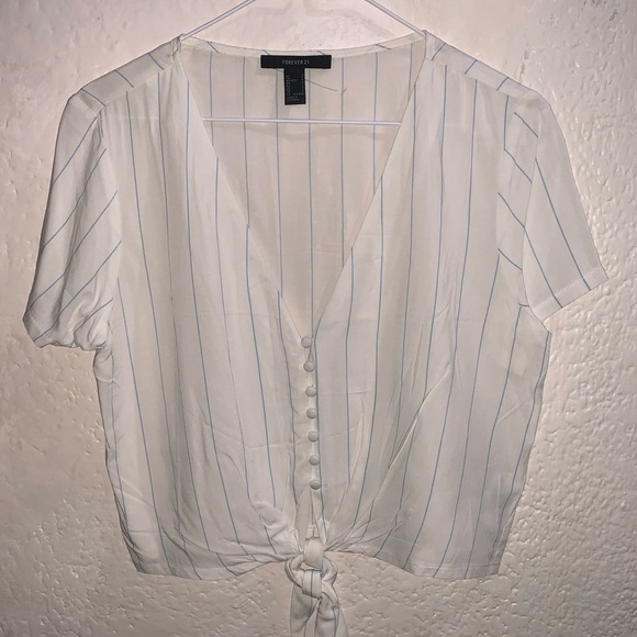White and blue striped tie front blouse - Picture 1 of 3